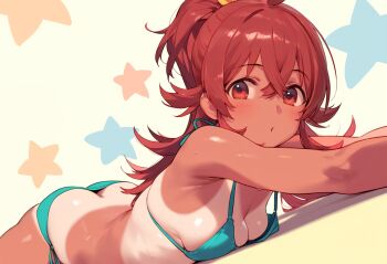Rule 34 | 1girl, aqua bikini, bikini, breasts, cleavage, crossed bangs, dabada baba, hair between eyes, idolmaster, idolmaster shiny colors, komiya kaho, long hair, looking at viewer, lying, on stomach, red eyes, red hair, side-tie bikini bottom, small breasts, solo, star (symbol), star symbol background, swimsuit, tan, tanline, white background