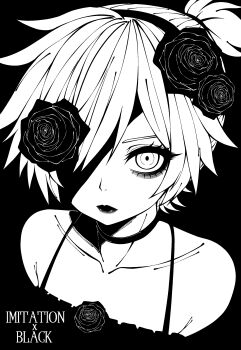 Rule 34 | 1boy, absurdres, alkaid exec, bare shoulders, black background, choker, collarbone, crossdressing, crossdressing (mtf), eyepatch, flower, flower hairband, greyscale, hair flower, hair ornament, hairband, highres, imitation black (vocaloid), kagamine len, lipstick, looking at viewer, makeup, male focus, monochrome, ponytail, short hair, short ponytail, simple background, solo, upper body, visual kei, vocaloid
