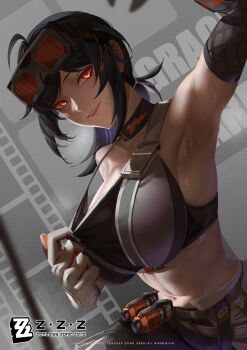 1girl absurdres ahoge armpits artist_name bare_shoulders black_choker black_hair black_pants black_sports_bra breasts character_name choker collarbone commentary copyright_name cowboy_shot english_commentary explosive gloves goggles goggles_on_head grace_howard grenade head_tilt highres large_breasts logo looking_at_viewer low_ponytail medium_hair navel nonkhian orange-tinted_eyewear orange_eyes pants parted_lips ponytail pulling_own_clothes red_lips shoulder_tattoo smile solo sports_bra stomach sweat tattoo teeth tinted_eyewear white_gloves zenless_zone_zero