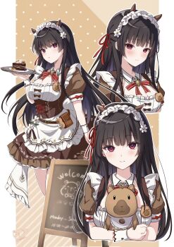 1girl apron black_hair blush breasts chisa_(wuthering_waves) commentary_request dress frilled_apron frills highres holding holding_tray kiri_celea long_hair maid maid_headdress puffy_short_sleeves puffy_sleeves red_eyes short_sleeves smile tray wrist_cuffs wuthering_waves