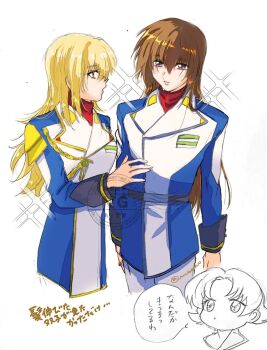 1boy 2girls alternate_hair_length alternate_hairstyle blonde_hair breasts brother_and_sister brown_hair cagalli_yula_athha gundam gundam_seed gundam_seed_destiny jacket kira_yamato long_hair long_sleeves military military_jacket military_uniform miriallia_haw multiple_girls open_mouth pants parted_bangs purple_eyes sakamoto_(uuu_a60006_a3) shirt short_hair siblings speech_bubble swept_bangs twins yellow_eyes