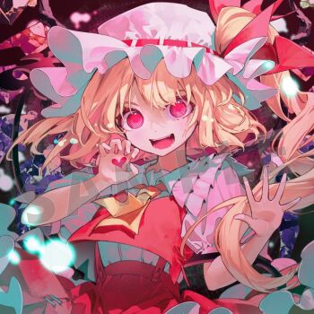 Rule 34 | 1girl, ascot, blonde hair, claw pose, collared shirt, commentary request, crystal, crystal wings, flandre scarlet, friend characters, frilled shirt collar, frills, hat, looking at viewer, mob cap, multicolored wings, one side up, open mouth, puffy short sleeves, puffy sleeves, red eyes, red skirt, red vest, sample watermark, shirt, short sleeves, skirt, skirt set, smile, solo, syuri22, touhou, vest, watermark, white hat, wings, yellow ascot