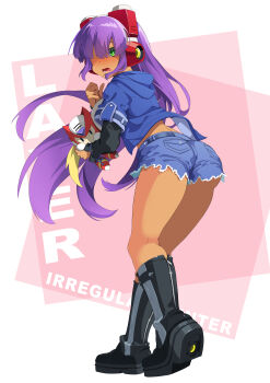 absurdres ass black_boots blue_jacket blush boots capcom character_doll dark-skinned_female dark_skin denim denim_shorts doll green_eyes hair_over_one_eye headpiece highres hood hooded_jacket jacket layer_(mega_man) leaning_forward long_hair mega_man_(series) mega_man_x_(series) one_eye_covered open_clothes open_jacket open_mouth ponytail purple_hair short_shorts shorts very_long_hair zelitto zero_(mega_man)