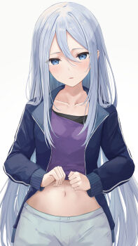 1girl absurdres black_shirt blue_eyes blue_jacket blush breasts clothes_lift collarbone commentary_request cowboy_shot grey_shorts hair_between_eyes highres jacket kunizaki lifting_own_clothes long_hair long_sidelocks long_sleeves looking_at_viewer midriff navel open_clothes open_jacket parted_lips partial_commentary project_sekai purple_shirt shirt shirt_lift shorts sidelocks simple_background small_breasts solo standing straight_hair sweat track_jacket unzipped very_long_hair white_background white_hair yoisaki_kanade