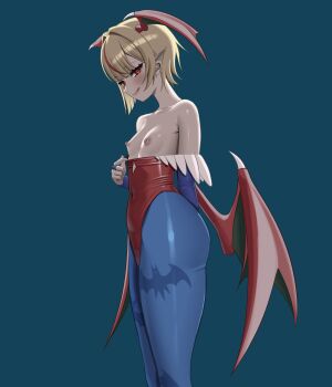 1girl blonde_hair blue_background blue_gloves blue_pantyhose blush breasts capcom chromashift closed_mouth clothes_pull collarbone cosplay covered_navel darkstalkers demon_girl demon_wings elbow_gloves eyelashes feet_out_of_frame female_focus fingerless_gloves from_side gloves head_wings leotard leotard_pull licking_lips lilith_(darkstalkers) lilith_(darkstalkers)_(cosplay) looking_at_viewer looking_to_the_side low_wings multicolored_hair nagamma nipples off-shoulder_leotard off_shoulder pantyhose petite pulling_own_clothes red_eyes red_hair red_leotard ruby_runeheart short_hair simple_background small_breasts solo standing tongue tongue_out topless_female two-tone_hair wings