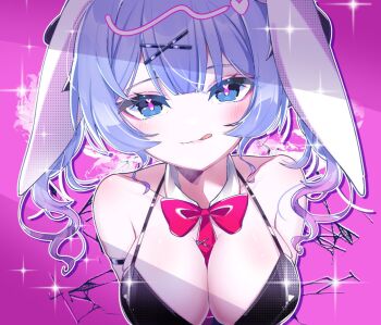 1girl :q animal_ears bare_shoulders between_breasts black_leotard blue_eyes blue_hair blush bow bowtie breasts cleavage closed_mouth collarbone fake_animal_ears floppy_ears hair_ornament hatsune_miku hole_in_wall large_breasts leotard long_hair looking_at_viewer necktie necktie_between_breasts pink_background pink_pupils playboy_bunny portrait pure_pure_(rabbit_hole) rabbit_ears rabbit_hole_(vocaloid) red_bow red_bowtie sia_6767 sidelocks simple_background smile solo sparkle through_wall tongue tongue_out twintails vocaloid x_hair_ornament