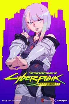1girl asymmetrical_bangs asymmetrical_hair belt belt_buckle black_belt buckle cyberpunk cyberpunk:_edgerunners cyberpunk_(series) highres jacket lucy_(cyberpunk) netflix shorts teeth trigger_(company) turning_head white_hair white_jacket white_shorts yoshinari_you