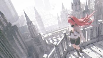 1girl ahoge architecture balcony black_hairband black_shoes black_shorts capelet chinese_commentary cityscape commentary_request eris_greyrat from_above gothic_architecture hairband highres kana_kana_(qq1414933589) long_hair long_sleeves mushoku_tensei outdoors profile red_eyes red_hair scenery shirt shoes shorts standing white_capelet white_shirt