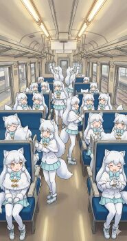 6+girls absurdres animal_ears arctic_fox_(kemono_friends) blue_bow blue_bowtie blue_skirt boots bow bowtie capelet clone closed_eyes coat commentary_request extra_ears fox_ears fox_girl fox_tail fur_trim gloves hair_between_eyes highres kemono_friends long_hair long_sleeves mo_cha_chi multiple_girls open_mouth orange_eyes pantyhose pleated_skirt sidelocks sitting skirt smile tail train train_interior white_boots white_capelet white_coat white_fur white_gloves white_hair white_pantyhose winter_clothes winter_coat