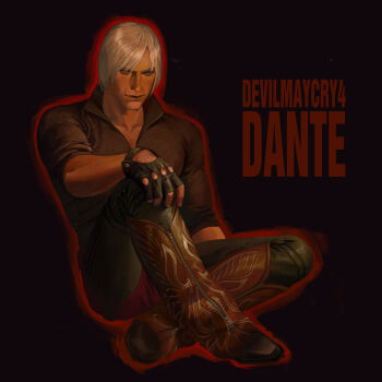 1boy absurdres black_gloves black_pants boots closed_mouth collarbone commentary cowboy_boots dante_(devil_may_cry) devil_may_cry devil_may_cry_(series) devil_may_cry_4 expressionless fingerless_gloves gloves highres knee_up male_focus maozhu outline pants pectorals red_outline short_hair sitting solo white_hair