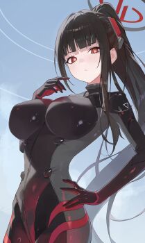 Rule 34 | 1girl, absurdres, black bodysuit, black hair, black halo, blue archive, blue background, blunt bangs, bodysuit, breasts, bright pupils, commentary, cowboy shot, hair ornament, halo, hand on own hip, highres, ki-16, long hair, looking at viewer, medium breasts, ponytail, red eyes, red halo, ringed eyes, rio (armed) (blue archive), rio (blue archive), solo, standing, very long hair