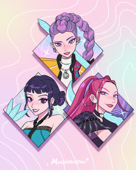 Rule 34 | 3girls, black hair, blunt bangs, braid, braided ponytail, brown eyes, double bun, earrings, hair bun, holding, huntrix, jewelry, kpop demon hunters, long hair, looking at viewer, marshmeollow, mira (kpop demon hunters), multiple girls, pink hair, purple hair, purple sweater vest, rumi (kpop demon hunters), short bangs, sidelocks, smile, sweater vest, zoey (kpop demon hunters)