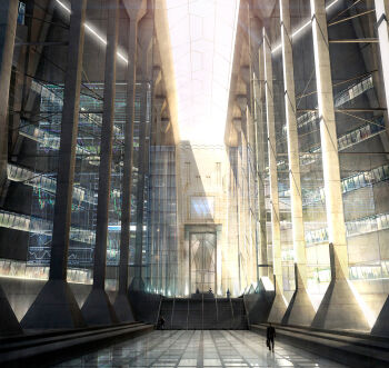 absurdres art_deco bank black_suit chart commentary door english_commentary formal_clothes from_behind glass highres hologram indoors light_rays lobby original painterly people raphael-lacoste reflective_floor scenery suit sunlight sunroof window