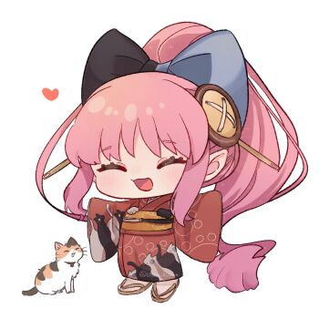 1girl animal_print bow cat cat_print chibi closed_eyes fate/grand_order fate_(series) full_body habetrot_(fate) habetrot_(over_the_same_sky)_(fate) hair_bow hair_ornament hairpin heart highres japanese_clothes kimono long_hair outstretched_arms pink_hair ponytail red_kimono sandals shigure_(ffrh7824) smile solo spread_arms two-tone_bow zouri