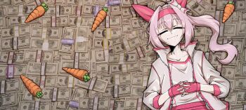 1girl absurdres animal_ears blush bow buruma carrot docileart ear_bow ear_covers flower_in_eye gloves hairband haru_urara_(bestest_prize)_(umamusume) haru_urara_(umamusume) headband highres horse_ears horse_girl jacket long_hair money pink_buruma pink_hair pink_headband ponytail red_buruma red_gloves red_headband shirt smile solo symbol_in_eye umamusume