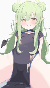 1girl absurdres black_dress black_tail blue_archive blush braid breasts bun_with_braided_base china_dress chinese_clothes closed_mouth commentary covered_navel demon_girl demon_tail double_bun dress earrings green_hair green_halo hair_bun halo heavy_breathing highres hikari_(blue_archive) jewelry long_hair looking_at_viewer nui_(nuinui0300) pelvic_curtain pointy_ears short_sleeves simple_background small_breasts solo tail translation_request variant_set white_background