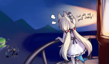 2girls absurdres animal_ear_fluff animal_ears arm_up bare_arms beach bubbles_(dooby) cat_ears commentary dooby dreamplanes dress english_commentary english_text fins fish_tail highres indie_virtual_youtuber kippu_(dooby) lifebuoy_hair_ornament lighthouse long_hair low_twintails microphone_stand mountainous_horizon multiple_girls outdoors puff_of_air railing sameko_saba scrunchie sleeveless sleeveless_dress tail train twintails very_long_hair virtual_youtuber white_dress wrist_scrunchie