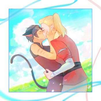 2girls adora_(she-ra) animal_ears belt black_hair blonde_hair blue_sky blush cat_ears cat_girl cat_tail catra closed_eyes cloud commentary hand_on_another's_waist highres jacket kiss long_hair multiple_girls outdoors ponytail red_jacket she-ra_and_the_princesses_of_power short_hair sky symbol-only_commentary tail youliqy yuri