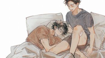 Rule 34 | 2boys, beard stubble, black hair, blue shirt, brown hair, brown shorts, commentary request, facial hair, gauze, gauze on leg, highres, hyakuemu, komiya (hyakuemu), lying, male focus, messy hair, multiple boys, on bed, on side, pillow, shared bed, shirt, short hair, shorts, simple background, sitting, sleeping, stubble, togashi (hyakuemu), under covers, vani42, waking up, white background, yaoi