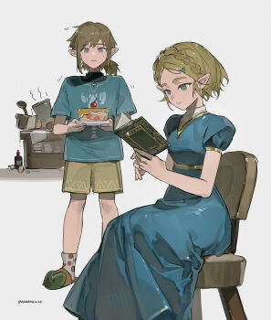 1boy 1girl adapted_costume akihare blonde_hair blue_dress blue_eyes blue_shirt book braid breasts cake chair crown_braid dress earrings feet_out_of_frame food gold_trim green_eyes grey_shorts hair_ornament hairclip highres holding holding_book holding_cake holding_food jewelry link long_dress looking_at_another low_ponytail medium_breasts medium_hair nervous nintendo parted_bangs pointy_ears ponytail princess_zelda puffy_short_sleeves puffy_sleeves reading shirt short_hair short_sleeves shorts sidelocks sitting slippers sweatdrop sweater the_legend_of_zelda the_legend_of_zelda:_breath_of_the_wild the_legend_of_zelda:_tears_of_the_kingdom turtleneck turtleneck_sweater twitter_username
