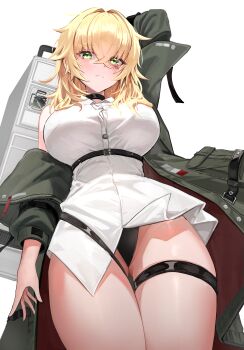 1girl absurdres arm_behind_head arm_up bare_shoulders belt bikini bikini_under_clothes black_belt black_bikini black_choker blonde_hair breasts buttons choker closed_mouth commentary commission crossed_bangs english_commentary from_below gluteal_fold green_eyes green_jacket hair_between_eyes hair_intakes highres holding jacket large_breasts long_hair long_sleeves looking_at_viewer open_clothes open_jacket original pong_0012 scar scar_on_face shirt simple_background single_off_shoulder sleeveless sleeveless_shirt solo standing strap swimsuit thighs two-sided_fabric two-sided_jacket weapon_case white_background white_shirt