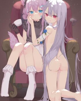 2girls absurdly_long_hair animal_ear_fluff animal_ears ankle_socks apron armchair ass bandaid bandaid_hair_ornament bandaid_on_face bandaid_on_knee bandaid_on_leg barefoot black_gloves black_headdress blue_eyes blue_flower blue_rose braid braided_bangs brown_background center-flap_bangs chair closed_mouth commentary_request completely_nude convenient_leg cup demon_horns demon_tail diamond-shaped_pupils diamond_(shape) dot_mouth double-parted_bangs expressionless eyes_visible_through_hair fang fang_out flower frilled_gloves frilled_shirt_collar frilled_sleeves frilled_socks frills full_body gloves grey_hair hair_between_eyes hair_ornament hand_on_another's_cheek hand_on_another's_face high_collar highres holding holding_cup horns kneeling knees_up light_blush light_particles light_smile long_hair long_sidelocks looking_at_viewer looking_back maid maid_apron maid_headdress multiple_girls no_shoes nude on_chair on_floor original pill_hair_ornament pink_hair pink_tail red_eyes riri_(ri0177) rose short_sleeves sidelocks sitting skin_fang slit_pupils socks straight_hair symbol-shaped_pupils tail teacup very_long_hair waist_apron white_apron white_socks wolf_ears wolf_girl wolf_tail
