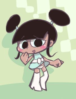 1girl belt black_hair blue_dress blue_eyes blush boots cartoon_network dark_skin double_bun dress flat_chest green_background hair_bun k-nattoh lola_mbola loli looking_at_viewer open_mouth panties robotboy sleeveless sleeveless_dress smile standing thigh_boots underwear white_belt white_boots white_panties wind wind_lift