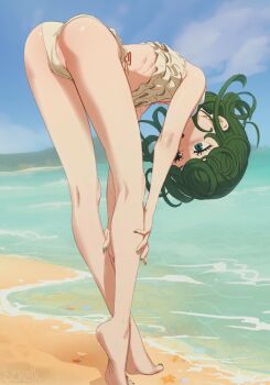 1girl absurdres ass barefoot beach bent_over bikini blue_sky butterchalk cloud curly_hair day frilled_bikini frills green_eyes green_hair highres loli ocean one-punch_man outdoors ribs short_hair sky standing swimsuit tatsumaki white_bikini
