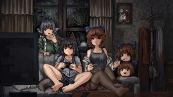 3girls :d :i animal_ears bare_shoulders black_bow black_hair black_pantyhose black_shorts black_tank_top blue_hair bow can closed_mouth clothes_down clothes_hanger controller couch curtains eating fins game_controller green_shirt grey_shirt hair_bow head_fins highres holding holding_controller holding_game_controller imaizumi_kagerou indoors instrument long_hair long_sleeves multiple_girls music no_shoes open_mouth pantyhose photo_(object) picture_frame playing_games playing_instrument rain red_eyes red_hair sekibanki shirt short_sleeves shorts smile tail tank_top television touhou wakasagihime window wolf_ears wolf_girl wolf_tail yukkuri_shiteitte_ne zhuxie1264852