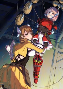 2girls armor arms_behind_back bdsm black_pantyhose bodystocking bondage boots bound bound_ankles bound_arms bound_legs bound_thighs bound_torso bound_wrists braid breastplate breasts brown_hair cleavage cleave_gag cloth_gag corset covered_navel femdom fire_emblem fire_emblem_engage from_below gag gagged gloves goichi_(asou551) goldmary_(fire_emblem) greaves grey_hairband hair_ribbon hairband improvised_gag lapis_(fire_emblem) large_breasts layered_skirt long_hair miniskirt multiple_girls navel_fingering nintendo pantyhose pauldrons pink_eyes pink_hair red_armor red_boots red_hairband red_skirt restrained ribbon rope shibari shibari_over_clothes short_hair shoulder_armor side_braid skirt smile suspension thighhighs thighhighs_over_pantyhose two-tone_hairband white_gloves white_ribbon white_skirt white_thighhighs yellow_eyes yellow_skirt yuri