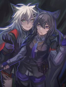 2girls absurdres aqua_eyes arknights arm_around_shoulder black_background black_gloves black_hair black_pantyhose black_vest bolo_tie cowboy_shot craneodes fingerless_gloves food food_in_mouth gloves grey_hair grey_shirt hair_between_eyes heads_together highres holding lappland_(arknights) lappland_the_decadenza_(arknights) long_hair long_sleeves looking_at_viewer material_growth multicolored_eyes multiple_girls oripathy_lesion_(arknights) outline pantyhose pocky pocky_in_mouth purple_eyes purple_gloves purple_outline red_gloves shirt smile standing texas_(arknights) texas_the_omertosa_(arknights) two-tone_eyes vest yellow_eyes