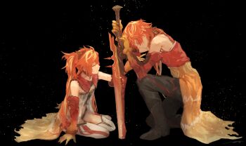 1boy 1girl bare_shoulders closed_eyes commentary_request fate/grand_order fate_(series) gloves highres kneeling kouzuki_kei long_hair planted planted_sword planted_weapon ponytail rama_(fate) reaching reaching_towards_another red_hair sita_(fate) sitting smile sword thighhighs twintails weapon