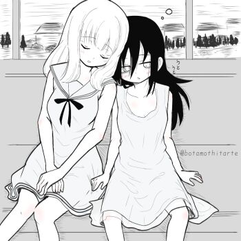 2girls :< bags_under_eyes bare_arms blush botamothitarte breasts cleavage closed_eyes collarbone commentary_request dress greyscale hair_between_eyes highres kuroki_tomoko leaning_on_person long_hair looking_down medium_breasts monochrome multiple_girls naruse_yuu neck_ribbon parted_lips ribbon sailor_collar sailor_dress sidelocks sitting sleeping sleeping_on_person sleeping_upright sleepy sleeveless sleeveless_dress small_breasts squeans train_interior triangle_mouth twitter_username watashi_ga_motenai_no_wa_dou_kangaetemo_omaera_ga_warui!