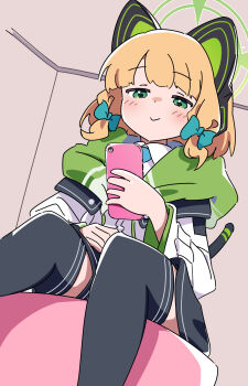 1girl animal_ear_headphones animal_ears black_shorts black_thighhighs blonde_hair blue_archive blush bow cat_ear_headphones cat_ears cat_tail cellphone closed_mouth collared_shirt commentary_request dutch_angle fake_animal_ears fake_tail feet_out_of_frame green_bow green_eyes green_halo green_jacket h14_drawing hair_bow halo headphones highres holding holding_phone hood hood_down hooded_jacket jacket long_sleeves looking_at_phone low-tied_sidelocks midori_(blue_archive) multicolored_jacket open_clothes open_jacket parted_bangs phone shirt short_hair shorts sidelocks sitting smartphone smile solo tail thighhighs white_jacket white_shirt