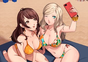 Rule 34 | 2girls, :p, beach, beach towel, bikini, blonde hair, blue eyes, breasts, brown eyes, brown hair, cleavage, collarbone, commentary, eightyfourart, english commentary, floral print, floral print bikini, hair down, highres, in-franchise crossover, kujikawa rise, large breasts, long hair, multiple girls, one eye closed, parted lips, persona, persona 4, persona 5, print bikini, scrunchie, selfie, swimsuit, takamaki anne, tongue, tongue out, towel, very long hair, wavy hair, wrist scrunchie