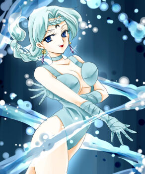 Rule 34 | 1990s (style), 1girl, beruche (sailor moon), bishoujo senshi sailor moon, bishoujo senshi sailor moon r, black moon clan, blue background, blue gloves, blue hair, blue theme, braid, braided bangs, choker, crescent, crescent facial mark, earrings, facial mark, female focus, forehead mark, gloves, hydrokinesis, jewelry, leotard, lipstick, long hair, makeup, retro artstyle, shirataki kaiseki, solo, water