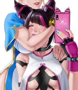 2girls aqua_eyes aqua_nails bracelet breasts capcom china_dress chinese_clothes choker chun-li dress fingerless_gloves gloves grin hair_horns han_juri happy head_out_of_frame heterochromia hug hug_from_behind jewelry lipstick makeup miracleseedlin1 multicolored_hair multiple_girls phone pink_eyes selfie smile spiked_bracelet spiked_choker spikes street_fighter street_fighter_6 two-tone_hair yuri