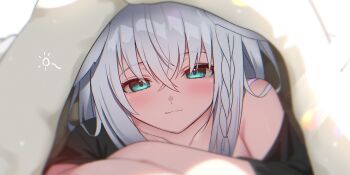 1girl :3 animal_ears aqua_eyes black_shirt braid close-up closed_mouth commentary_request crossed_bangs double-parted_bangs fox_ears fox_girl hair_between_eyes highres hololive kumarang long_hair looking_at_viewer lying official_alternate_costume shirakami_fubuki shirakami_fubuki_(loungewear) shirt side_braid solo t-shirt under_covers virtual_youtuber white_hair