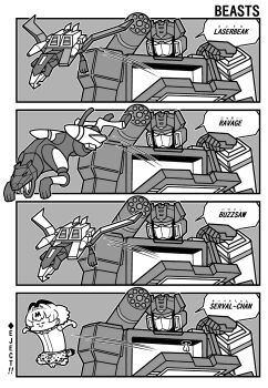 1girl 4koma :3 animal_ears bilingual_text buzzsaw_(transformers) cat_ears comic crossover english_text fur_skirt greyscale highres jumping kemono_friends koutarosu laserbeak mixed-language_text monochrome motion_lines non-humanoid_robot portal_(object) ravage_(transformers) robot robot_animal serval_(kemono_friends) short_sleeves soundwave_(transformers) speech_bubble testicles transformers transformers:_generation_1 when_you_see_it