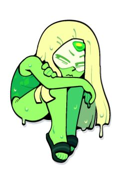 1girl alternate_hair_length alternate_hairstyle blonde_hair colored_skin discount-supervillain face_shield forehead_jewel gem gem_(steven_universe) green_skin peridot_(steven_universe) sandals slides solo steven_universe wet wet_hair