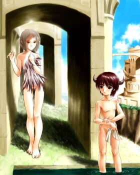 1boy 1girl adam artistic_nudity barefoot bible_(object) biblical brown_eyes brown_hair censored cloud convenient_censoring covering_privates day feet fine_art_parody horns ico ico_(character) kemi kemi433 nude nude_cover nudist outdoors parody pointy_ears silver_hair sky wading water yorda