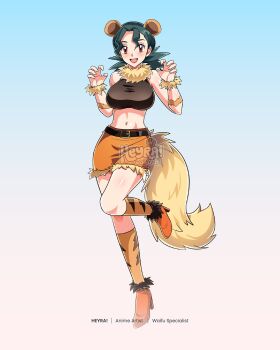 1girl alternate_breast_size_(larger) animal_ears artist_name belt black_belt breasts claw_pose commentary commission english_commentary fur_trim green_hair heyreza.art high_heels highres jenny_(pokemon) kemonomimi_mode kneehighs large_breasts miniskirt multiple_tails nintendo open_mouth orange_shoes orange_skirt orange_socks pokemon pokemon_(anime) pokemon_(classic_anime) red_eyes shoes skirt smile socks solo standing standing_on_one_leg tail watermark wrist_cuffs