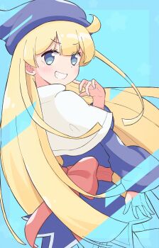 1girl absurdres ahoge blonde_hair blue_background blue_dress blue_eyes blue_hat blue_robe blush capelet commentary_request dress grin hand_on_own_face hat highres jazz_grace long_hair looking_at_viewer looking_back madou_monogatari partially_colored phrygian_cap puyopuyo red_ribbon ribbon robe smile solo waist_ribbon white_capelet witch witch_(puyopuyo)