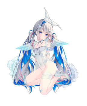1girl absurdres amane_kanata angel_wings armband bandaged_arm bandaged_leg bandages bandaid bandaid_on_leg blue_hair blue_wings blush breasts colored_inner_hair covered_navel detached_collar feathered_wings flat_chest frilled_pillow frills full_body gradient_wings grey_hair grey_shoes hair_ornament hat high_heels highres hololive id_card lanyard leotard long_hair looking_at_viewer multicolored_hair multicolored_wings name_tag nurse nurse_cap official_alternate_hair_length official_alternate_hairstyle pillow pink_hair purple_eyes shoes simple_background single_hair_intake solo streaked_hair twintails ureinnn very_long_hair virtual_youtuber white_background white_leotard wings x_hair_ornament
