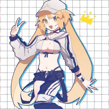 Rule 34 | 1girl, artoria caster (fate), artoria caster (swimsuit berserker) (first ascension) (fate), artoria pendragon (fate), belt, blonde hair, blue belt, blue bow, blue choker, blue pants, bow, breasts, checkered background, choker, commentary request, cowboy shot, crown, fate/grand order, fate (series), green eyes, hair between eyes, hand up, hat, highres, large breasts, long hair, long sleeves, looking at viewer, navel, open mouth, pants, peaked cap, puffy long sleeves, puffy sleeves, sailor collar, shadow, smile, solo, standing, star (symbol), twintails, uka df, v, white background, white hat, wristband