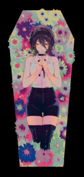 1girl black_choker black_ribbon black_shorts black_thighhighs chainsaw_man choker closed_eyes flower hair_between_eyes highres holding holding_flower neck_ribbon pinlin purple_hair reze_(chainsaw_man) ribbon shirt shorts sleeveless sleeveless_shirt solo thighhighs white_shirt