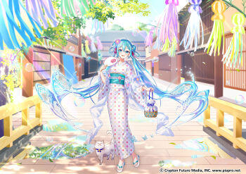 Rule 34 | 1girl, ahoge, animal, aqua eyes, aqua hair, aqua sash, architecture, asa no ha (pattern), bag, braid, braided hair rings, bubble, bug, butterfly, cat, commentary, copyright notice, dappled sunlight, day, double bun, east asian architecture, floral print, flower, fukinagashi, full body, gari (apollonica), hair bun, hair flower, hair ornament, hair rings, hand fan, hatsune miku, highres, holding, holding bag, holding fan, insect, japanese clothes, kimono, kinchaku, lips, long hair, obi, official alternate costume, official art, open mouth, outdoors, paper fan, pouch, puddle, sakuramon, sandals, sash, shippou (pattern), smile, solo, standing, sunlight, tanabata, tassel, tassel hair ornament, teeth, twintails, uchiwa, upper teeth only, uroko (pattern), very long hair, vocaloid, white kimono, yagasuri, yukata, zouri