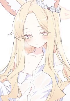 1girl alternate_costume blonde_hair blue_archive closed_mouth collarbone collared_shirt commentary_request flower hair_flower hair_ornament halo highres hk_nnm long_hair long_sleeves pink_eyes seia_(blue_archive) shirt single_bare_shoulder solo white_background white_flower white_shirt yellow_halo