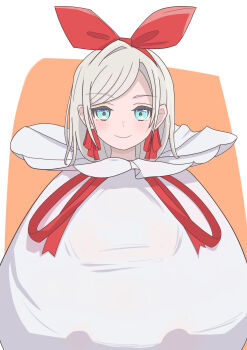 Rule 34 | 1girl, absurdres, blue eyes, border, bow, bow hairband, ceras yanagida lilienfeld, closed mouth, commentary request, grey hair, hair bow, hair ribbon, hairband, hasutousan, highres, in container, in sack, link! like! love live!, love live!, orange background, outside border, red bow, red hairband, red ribbon, ribbon, sack, simple background, smile, solo, straight-on, virtual youtuber, white border