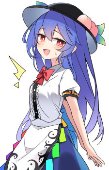 1girl :d ^^^ apron arms_behind_back black_hat blue_hair blue_skirt blush bow bowtie breasts bright_pupils center_frills commentary_request e.o. food frills from_side fruit hair_between_eyes hat hinanawi_tenshi long_hair looking_at_viewer nervous open_mouth peach puffy_sleeves red_bow red_bowtie red_eyes shirt short_sleeves simple_background skirt small_breasts smile solo sweatdrop touhou waist_apron white_background white_pupils white_shirt worried